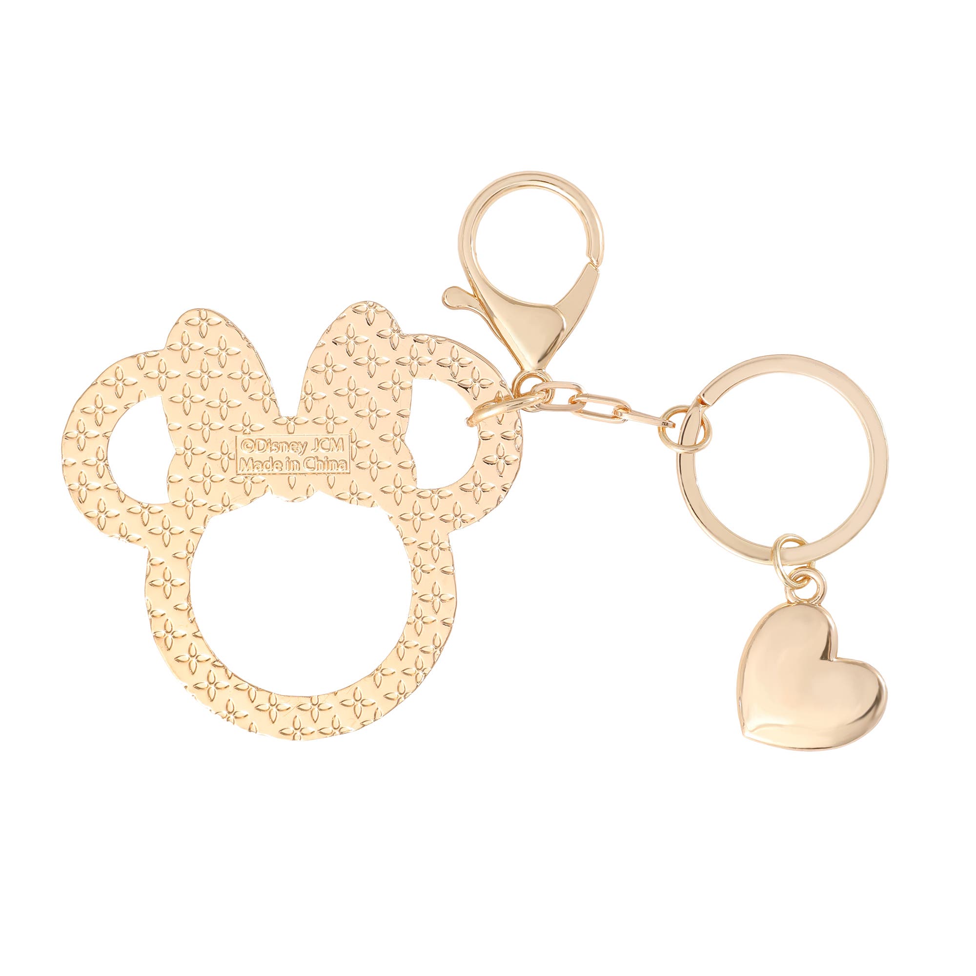 Disney Minnie Mouse Outline Keychain with Crystal Bow and Heart Charm, Alternate, color, Metallic Gold, Pink