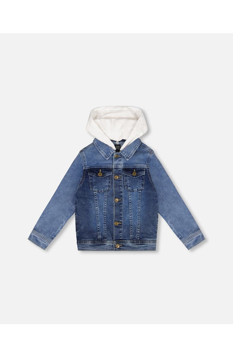 Deux par Deux Little Boy's Denim Jacket With French Terry Hood White And Denim Blue, Main, color, 