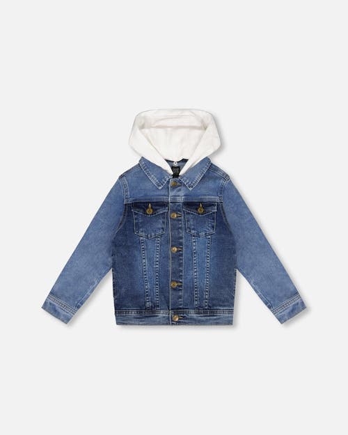 Deux Par Deux Little Boy's Denim Jacket With French Terry Hood White And Denim Blue In White And Denim Blue