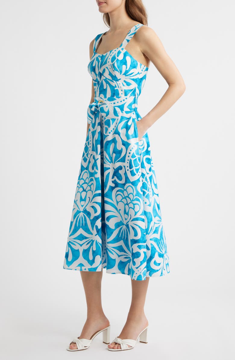 Tahari ASL Grommet Tie Belt Midi Dress, Alternate, color, Blue Jewel Ivory
