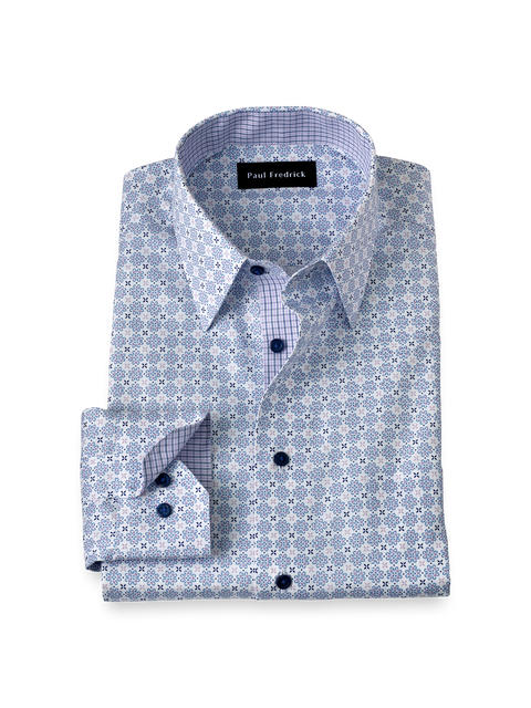 Cotton Point Collar Pinpoint Tailored Contrast Trim Button Cuff Long Sleeve