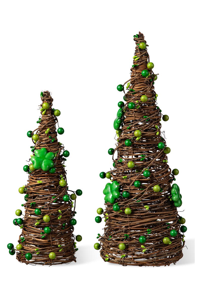 Set of 2 St. Patrick's Rattan Shamrock and Berries Table Tree, Main, color, Green