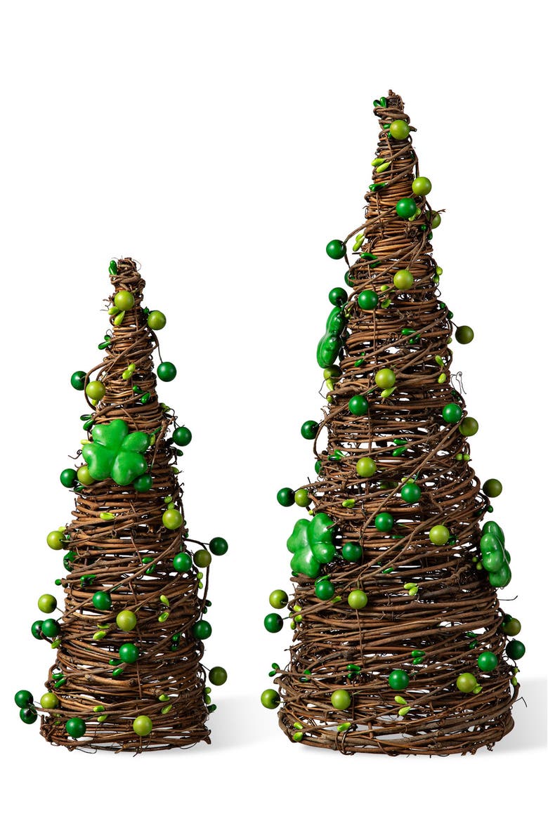 Glitzhome Set of 2 St. Patrick's Rattan Shamrock and Berries Table Tree, Main, color, Green