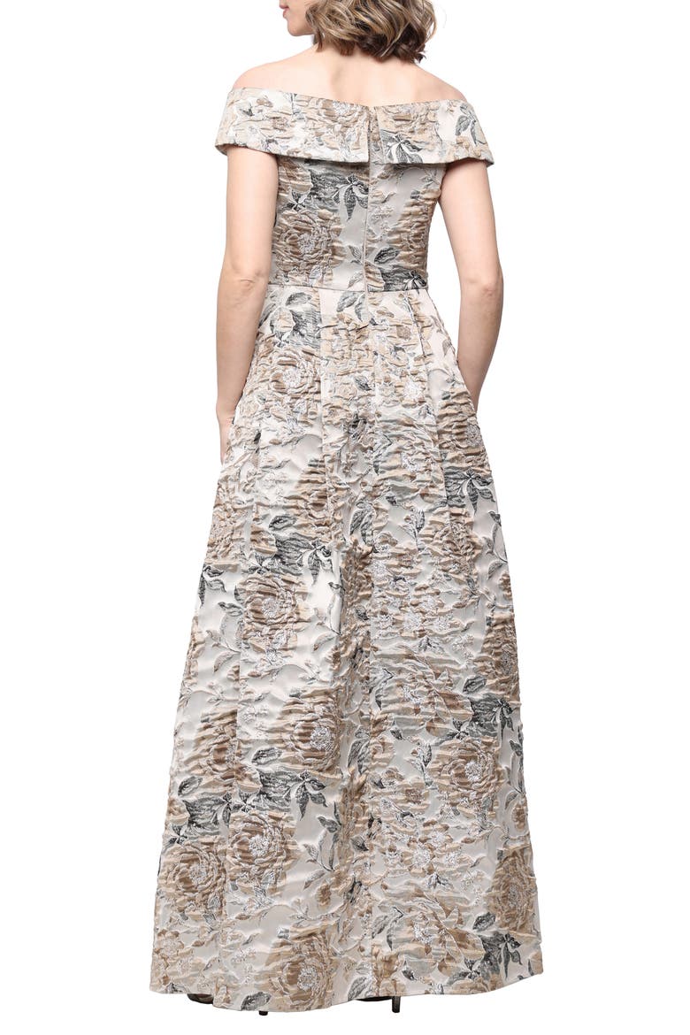 Off the Shoulder Floral Jacquard Ballgown, Alternate, color, TAUPE MULTI