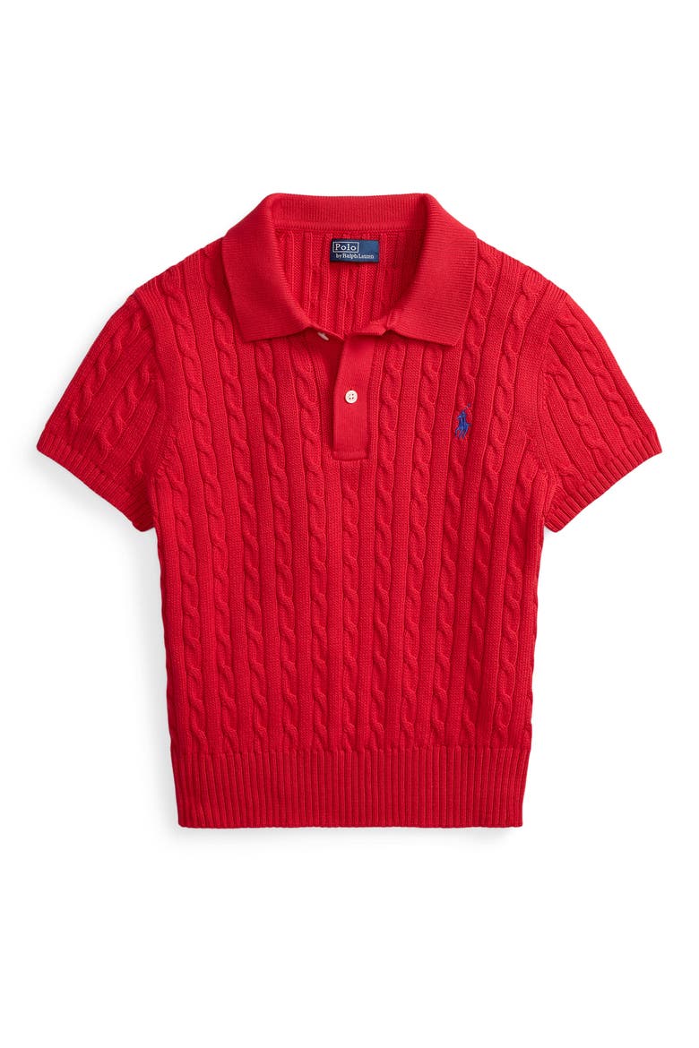Crop Cable Knit Cotton Polo Sweater, Alternate, color, CRUISE RED
