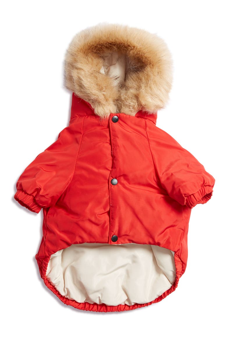 Colorblock Hooded Dog Parka, Main, color, RED/ BLACK
