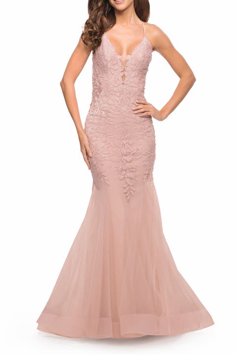 Mermaid Tulle and Lace Jeweled Prom Dress