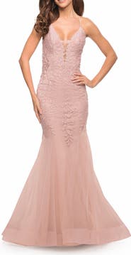 La Femme Mermaid Tulle and Lace Jeweled Prom Dress