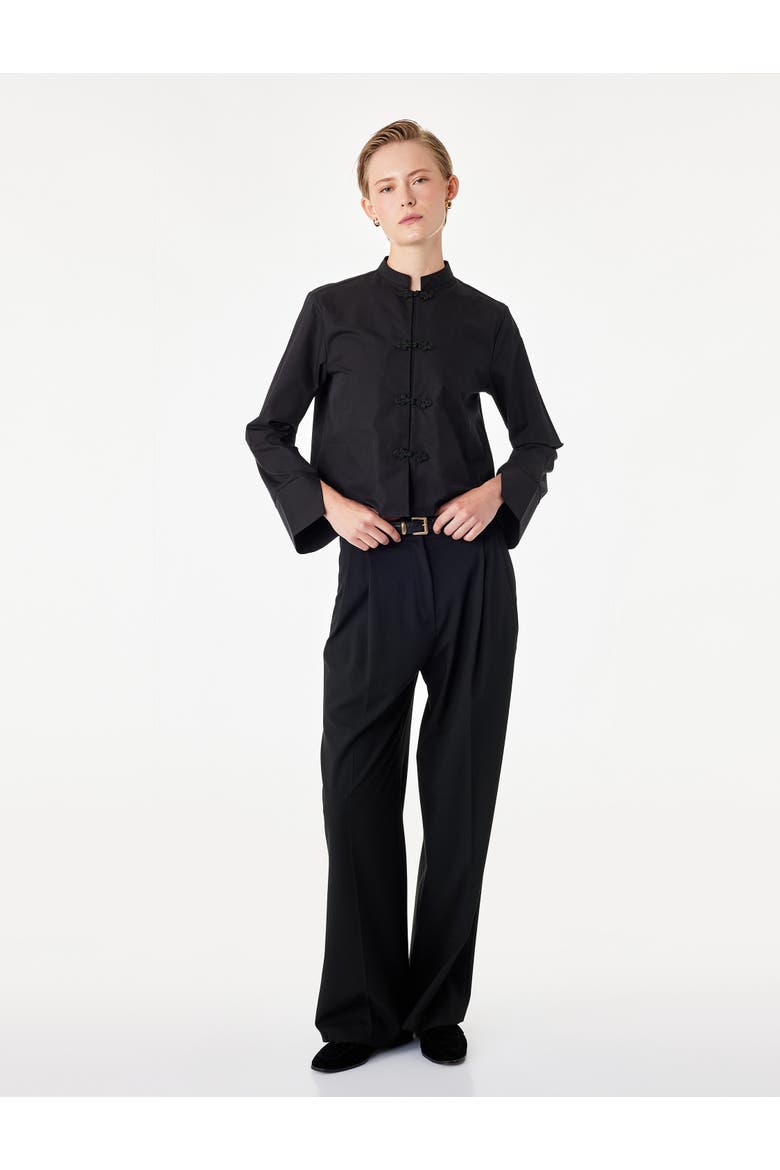 Mandarin Collar Long Sleeve Poplin Shirt With Frog Closure, Main, color, BLACK