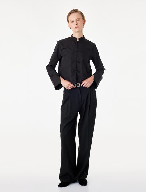 Mandarin Collar Long Sleeve Poplin Shirt With Frog Closure