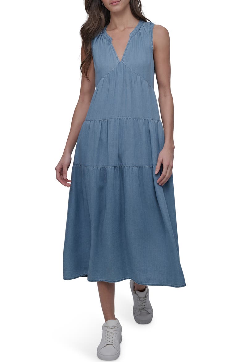 Sleeveless Tencel™ Lyocell Chambray Tiered Dress, Main, color, CHAMBRAY
