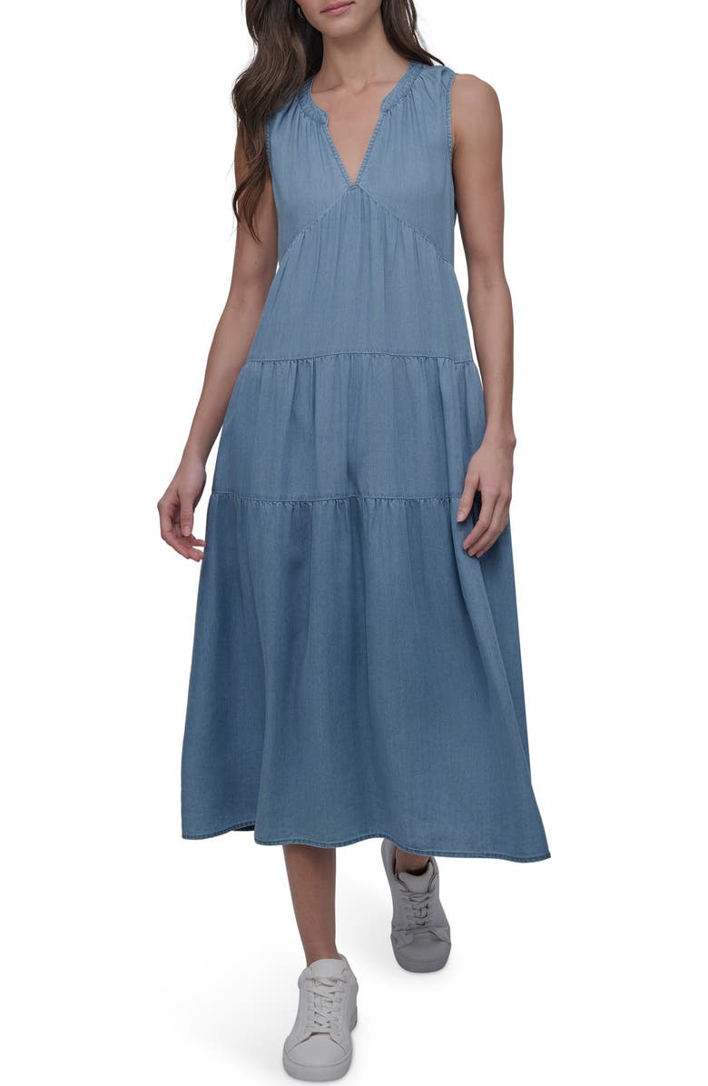 DKNY Jeans Sleeveless Tencel<sup>™</sup> Lyocell Chambray Tiered Dress, Main, color, Chambray