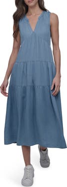 DKNY Jeans Sleeveless Tencel™ Lyocell Chambray Tiered Dress