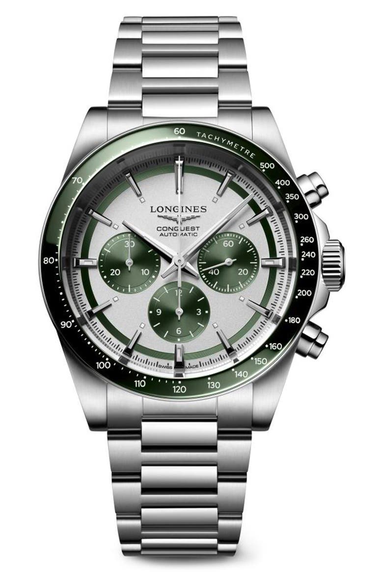Conquest Chronograph Bracelet Watch, 42mm, Main, color, SILVER/ GREEN