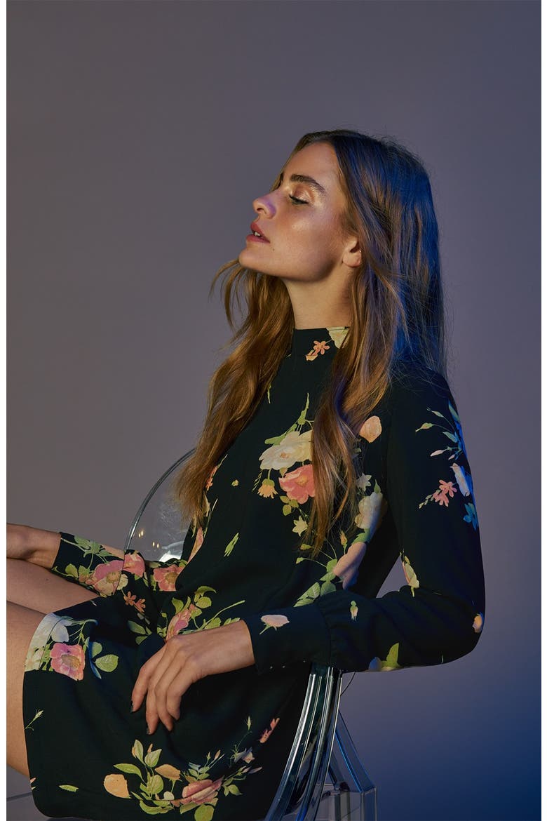 Floral Print Mock Neck Shift Dress, Alternate, color, IVORY SPLICED FLORAL