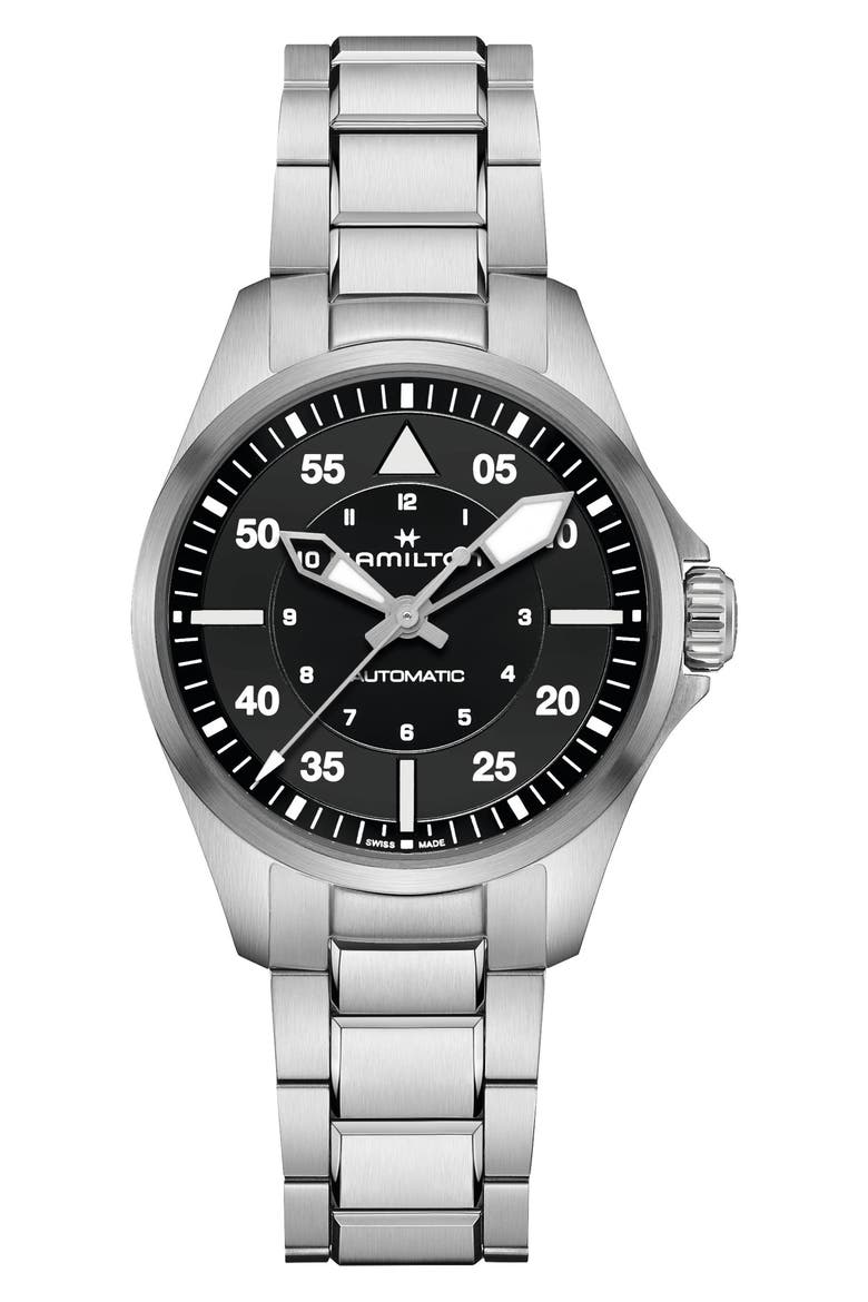 Khaki Aviation Pilot Automatic Bracelet Watch, 36mm, Main, color, BLACK