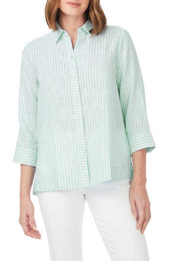 Foxcroft Harley Stripe Linen Button-up Shirt In Sea Mist