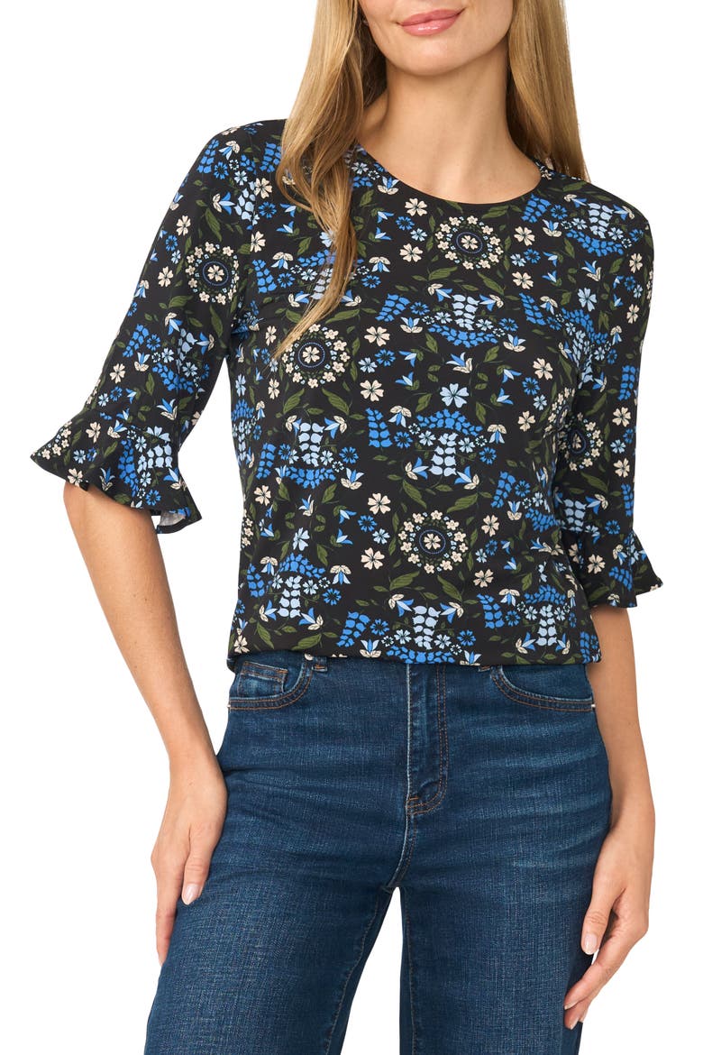 Floral Print Knit Top, Main, color, RICH BLACK