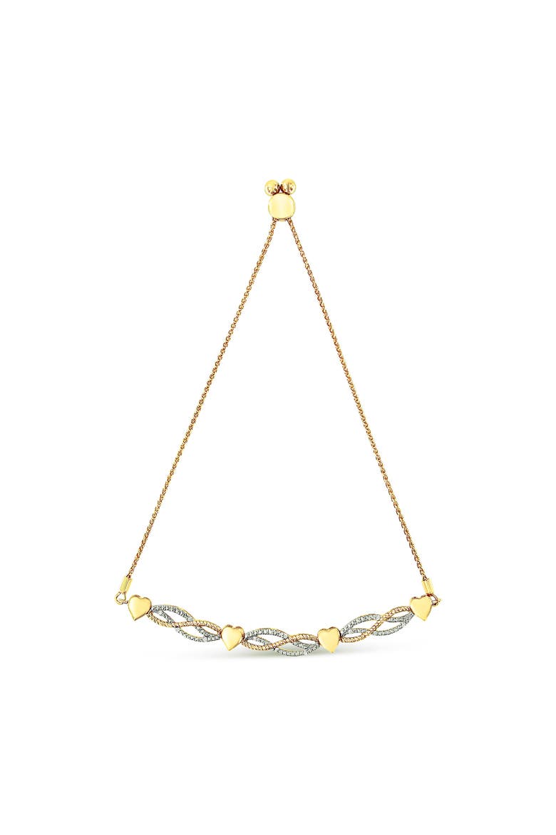 14K Yellow Gold Plated Silver 1/10 Cttw Diamond Wave and Hearts Bolo Bracelet, Main, color, Yellow