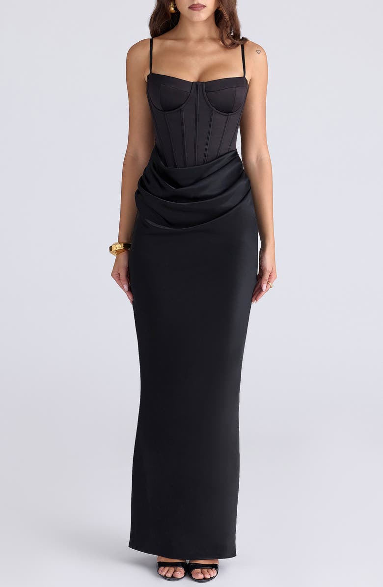HOUSE OF CB Valentina Corset Satin Gown, Main, color, Black