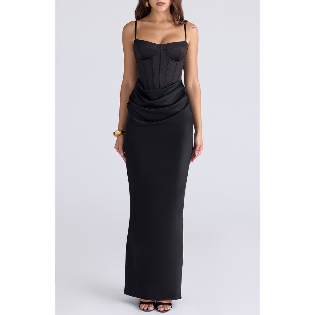 House Of Cb Valentina Corset Satin Gown In Black