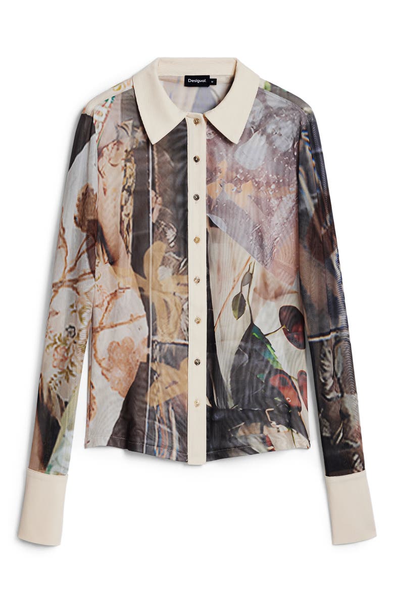 Desigual Rib Trim Mesh Button-Up Shirt, Alternate, color,