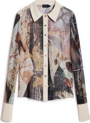 Desigual Rib Trim Mesh Button-Up Shirt