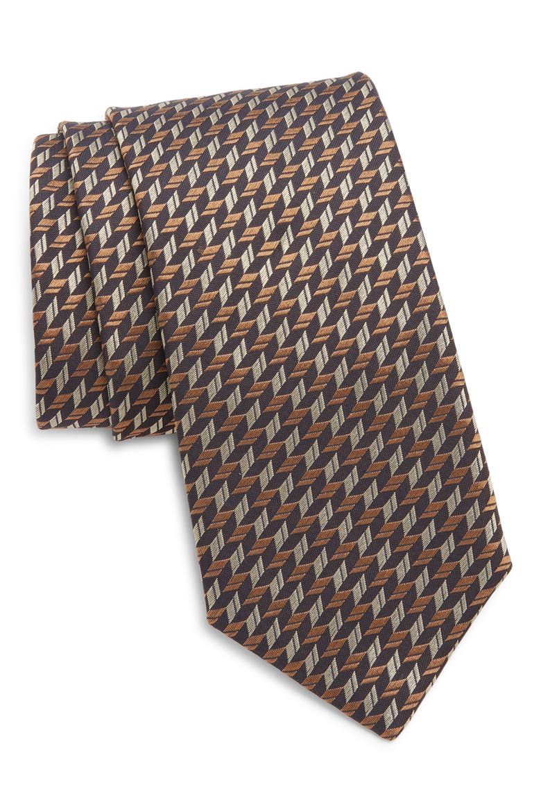 Geometric Silk Tie, Main, color, BROWN