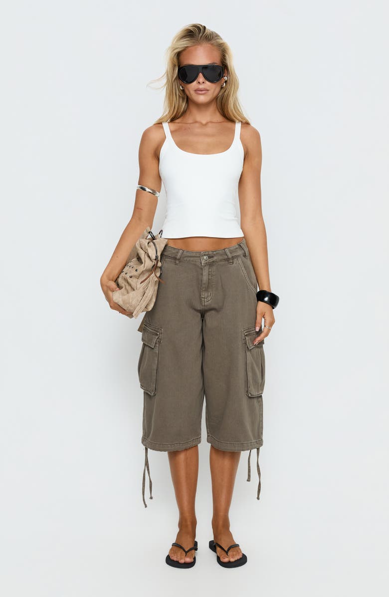 Princess Polly Hudsen Low Rise Longline Denim Cargo Shorts, Alternate, color, Khaki