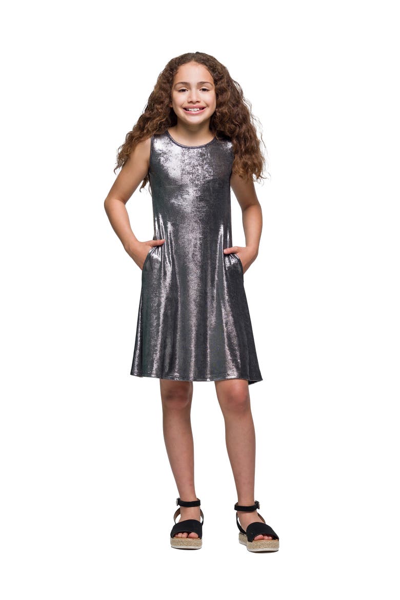 Black Shimmery Metallic Sleeveless A-Line Dress, Main, color, Grey Metallic