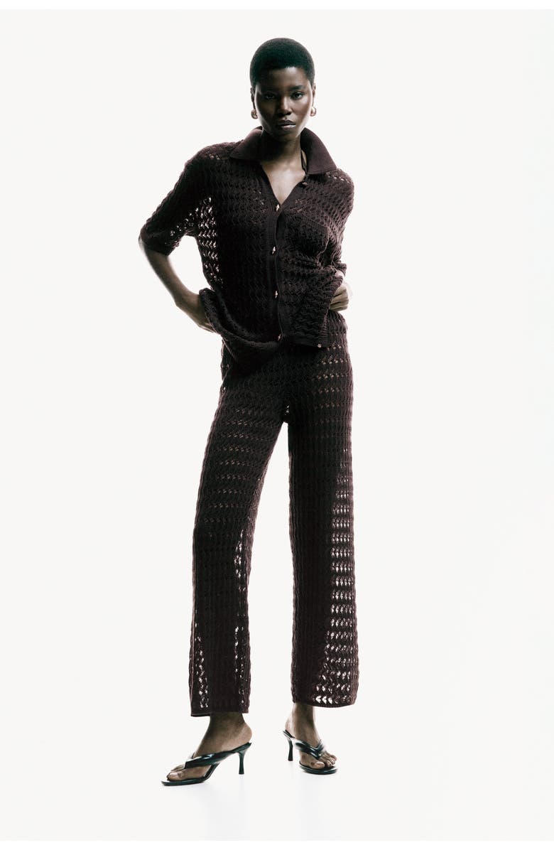 H&M Crochet-look Cotton Cardigan, Alternate, color, Dark Brown