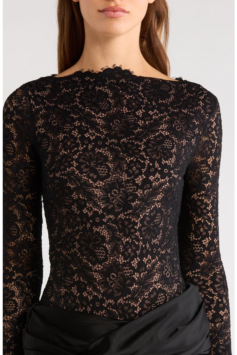 Yasmeen Long Sleeve Lace Bodysuit & Satin Skirt Set, Alternate, color, BLACK