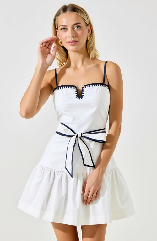 Modenaire Mini Dress With Spaghetti Straps Contrast Trim And Waist Tie Bow In White