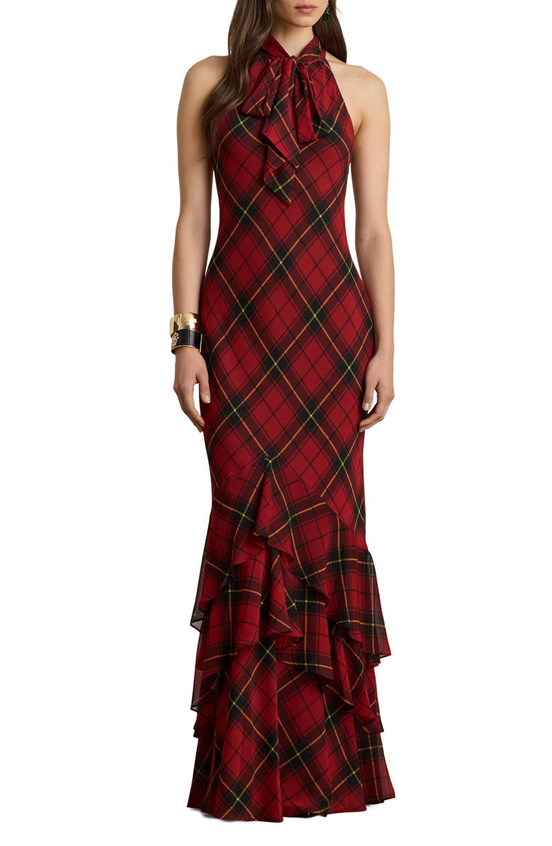 Lauren Ralph Lauren Plaid Ruffle Detail Gown, Main, color,