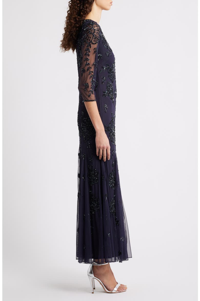 Beaded Floral Mesh Gown, Alternate, color, SLATE 421