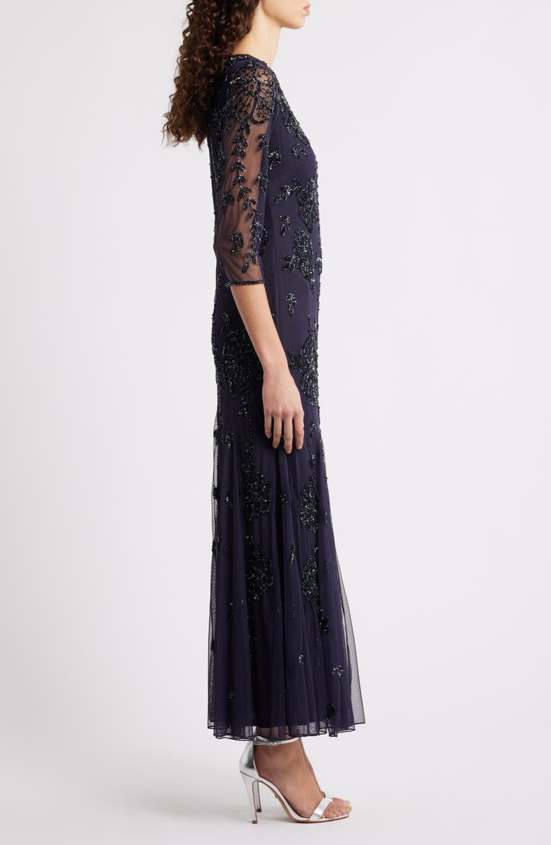 Pisarro Nights Beaded Floral Mesh Gown, Alternate, color, Slate 421