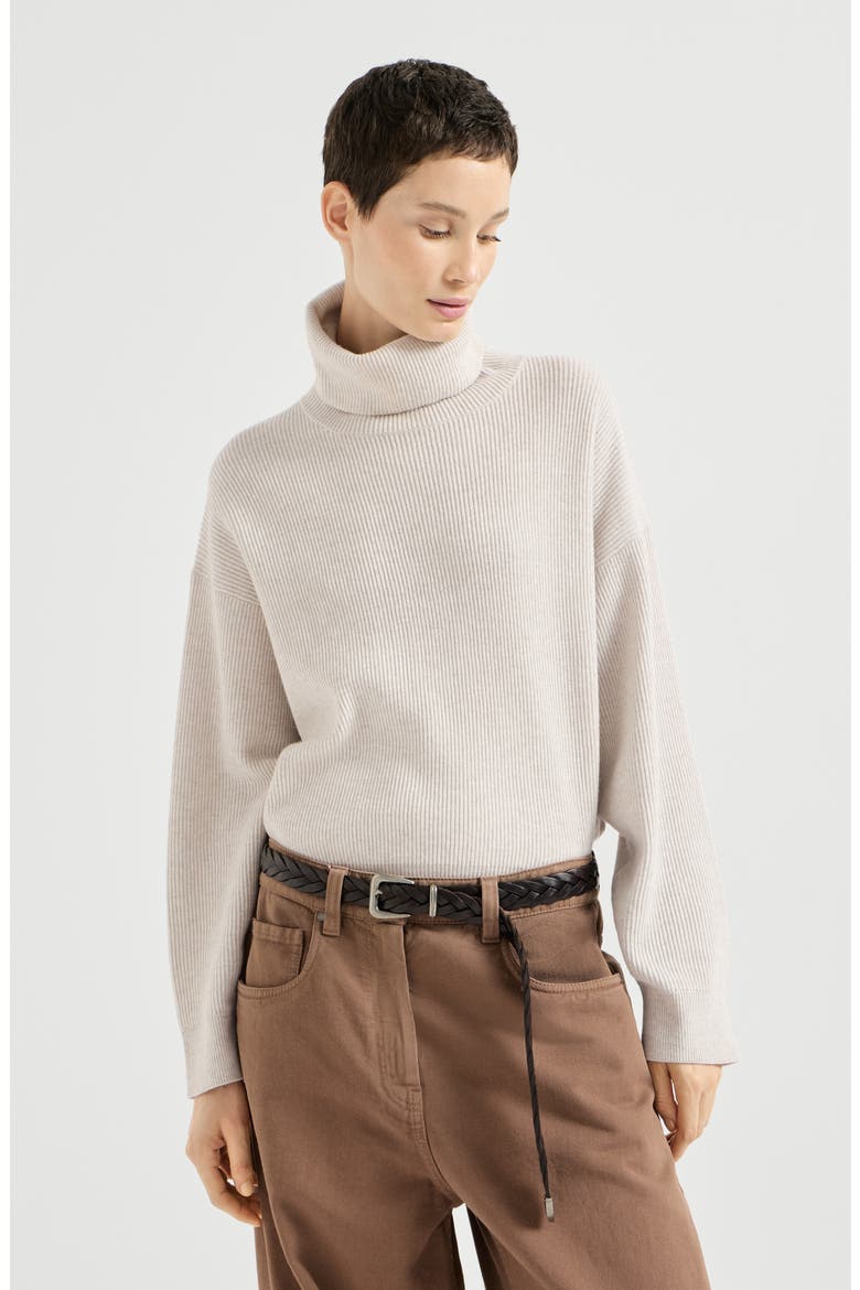 Virgin wool, cashmere and silk English rib turtleneck sweater, Main, color, Cool Beige