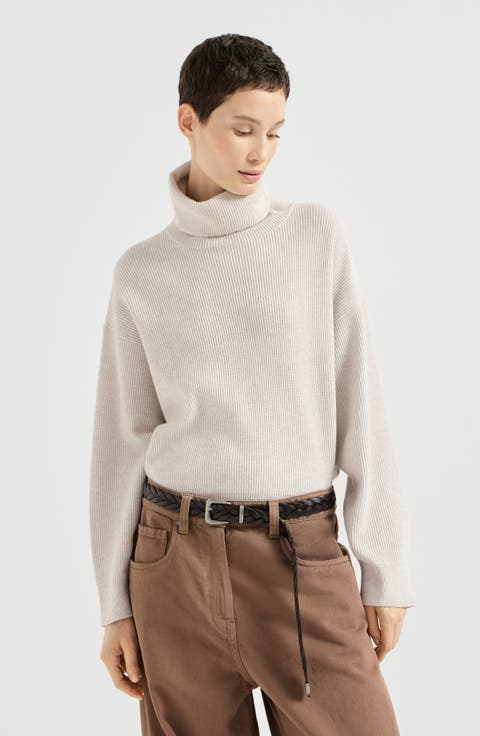Virgin wool, cashmere and silk English rib turtleneck sweater