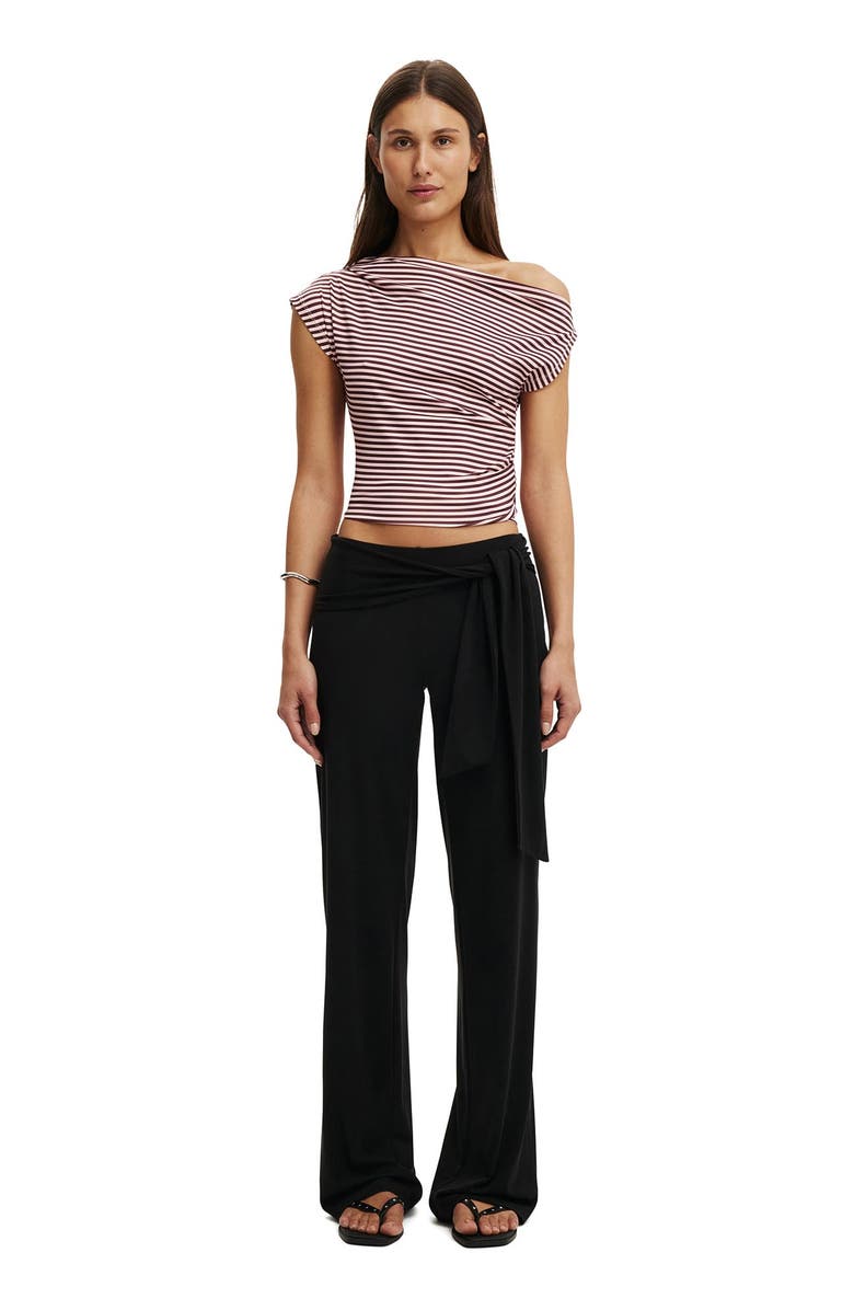 Cotton On Women's Georgie Off Shoulder Short Sleeve, Alternate, color, Madi Stripe Cherrywood