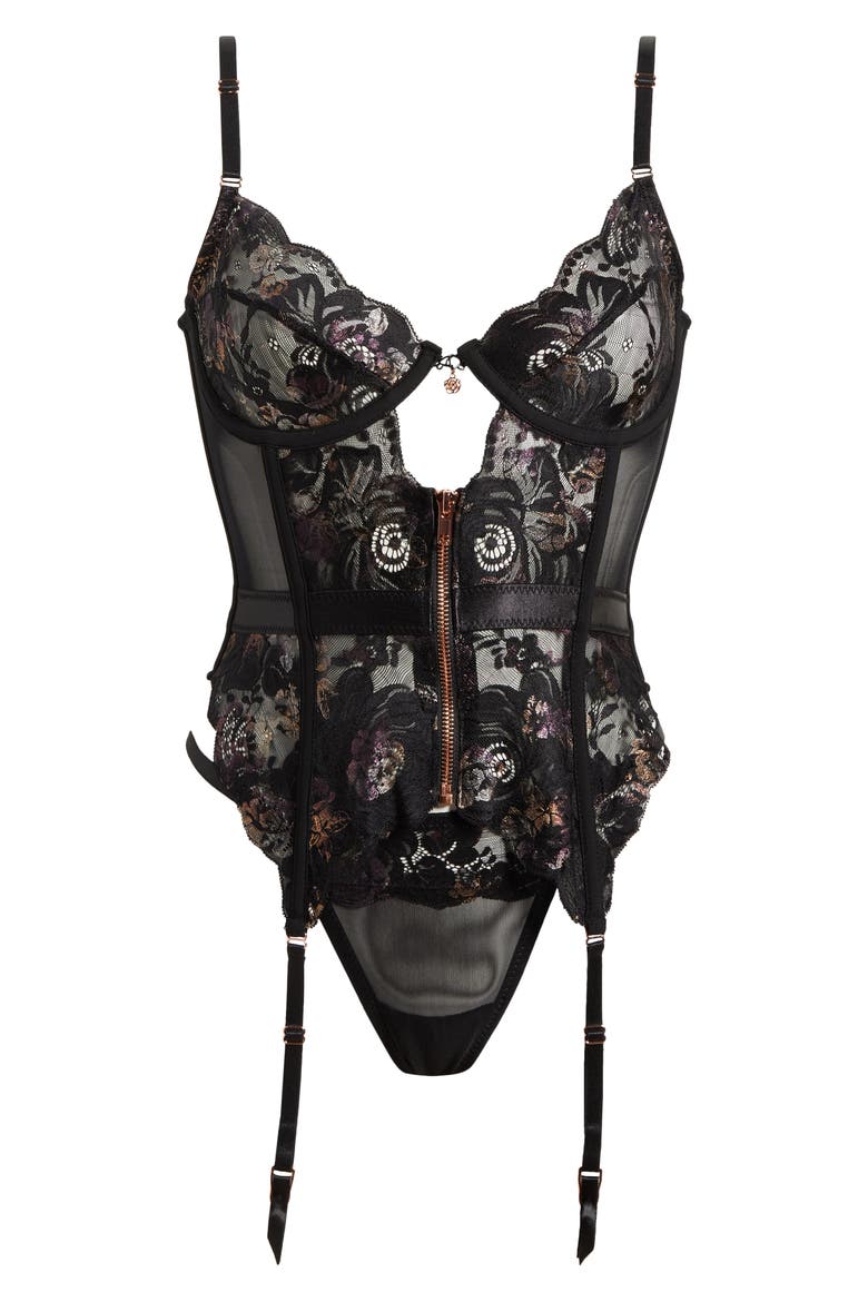 Zip-Up Underwire Bustier & Thong Set, Alternate, color, BLACK