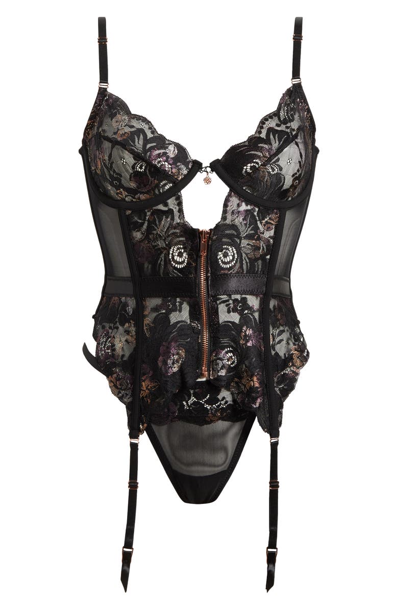 Coquette Zip-Up Underwire Bustier & Thong Set, Alternate, color, Black