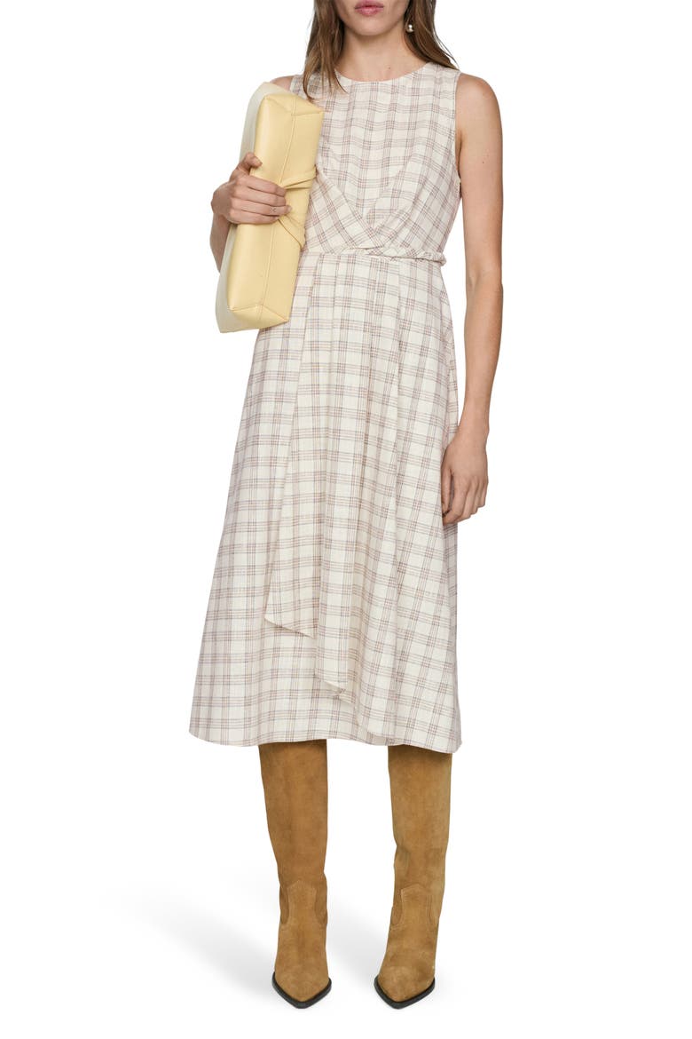 Check Tie Front Midi Dress, Main, color, ECRU