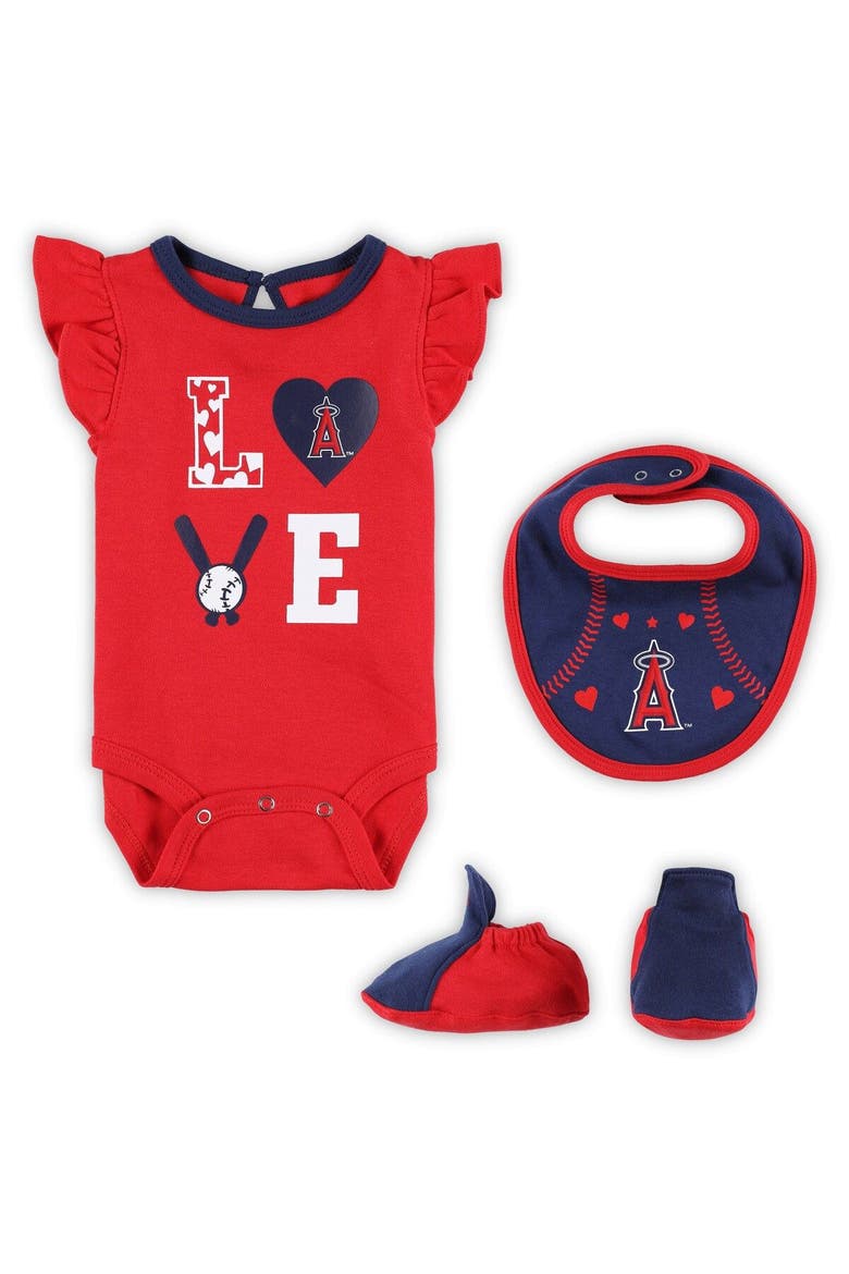 Newborn & Infant Red/Navy Los Angeles Angels Three-Piece Love of Baseball Bib Bodysuit & Booties Set, Main, color, Red