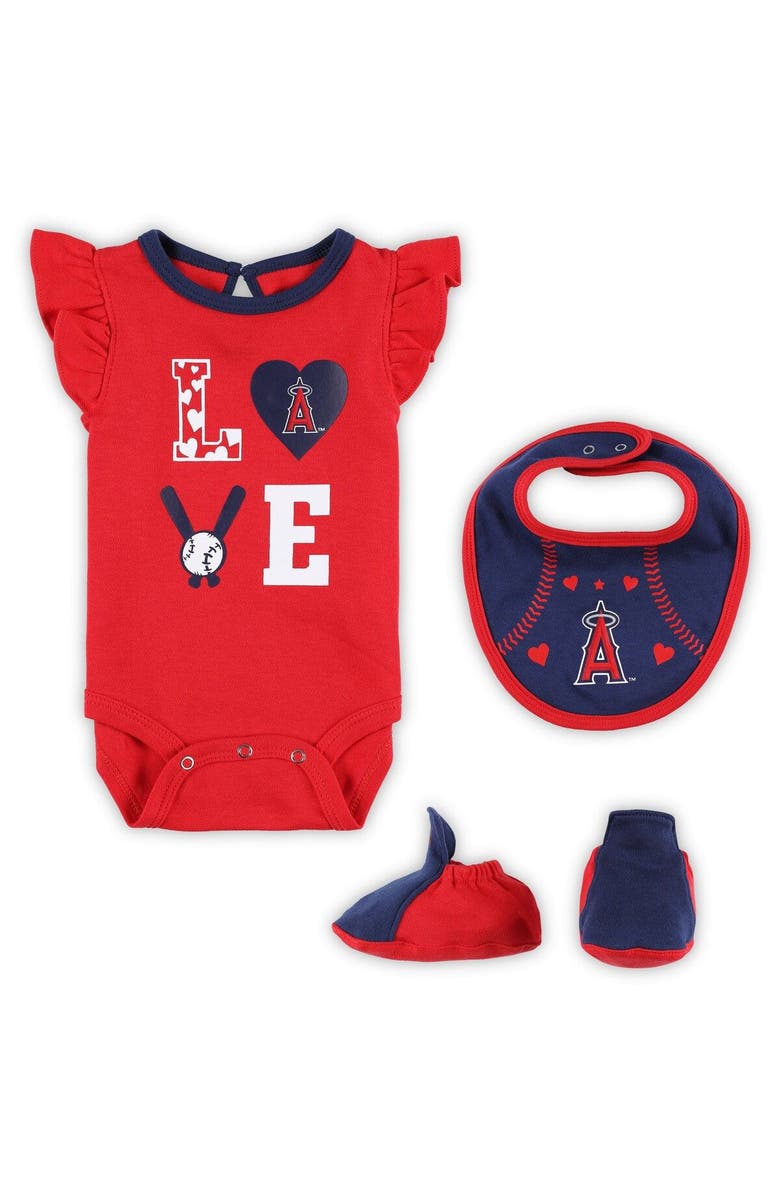 Outerstuff Newborn & Infant Red/Navy Los Angeles Angels Three-Piece Love of Baseball Bib Bodysuit & Booties Set, Main, color, Red