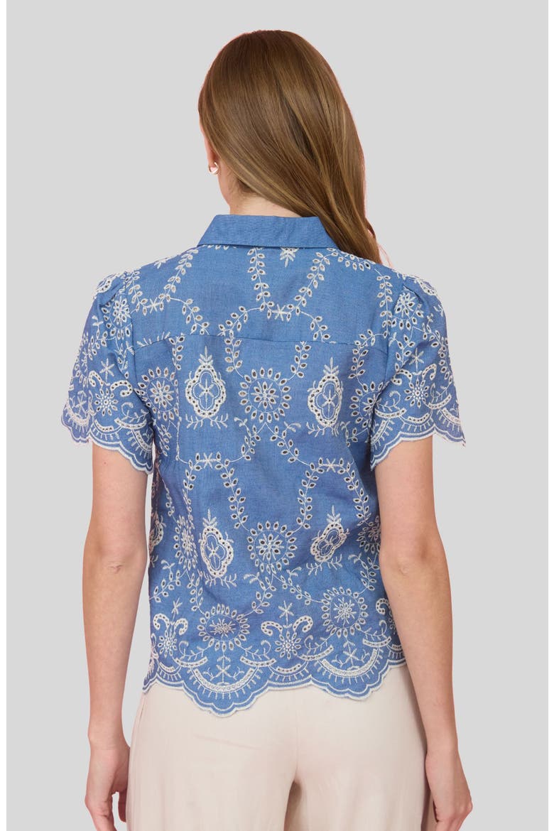 Embroidered Eyelet Cotton Button-Up Top, Alternate, color, BLUE