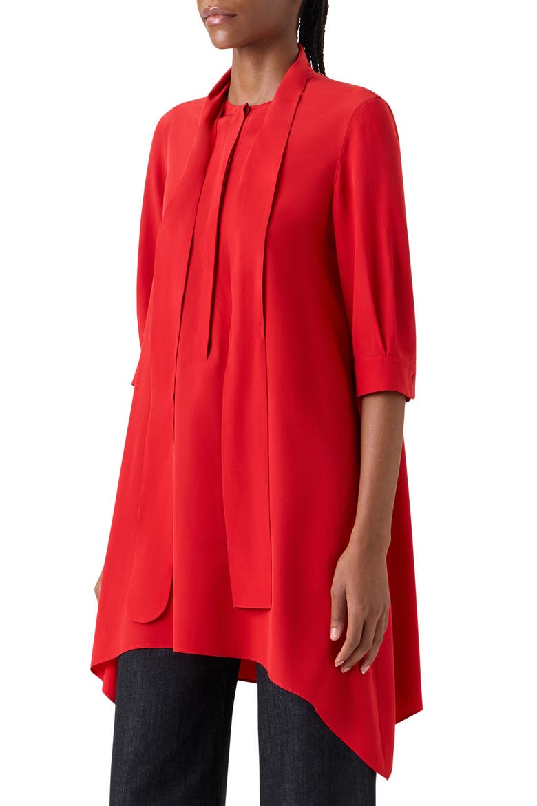 Tie Neck Handkerchief Hem Silk Crêpe de Chine Top, Alternate, color, RED