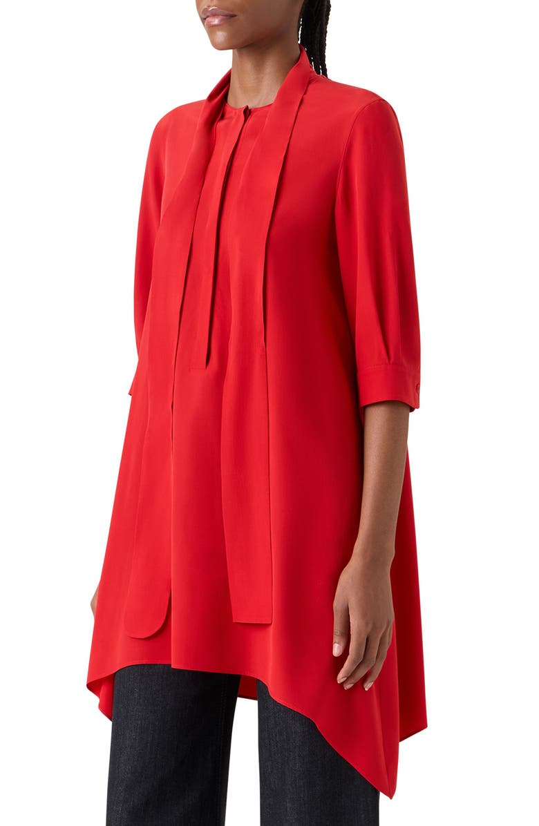 Akris punto Tie Neck Handkerchief Hem Silk Crêpe de Chine Top, Alternate, color, Red