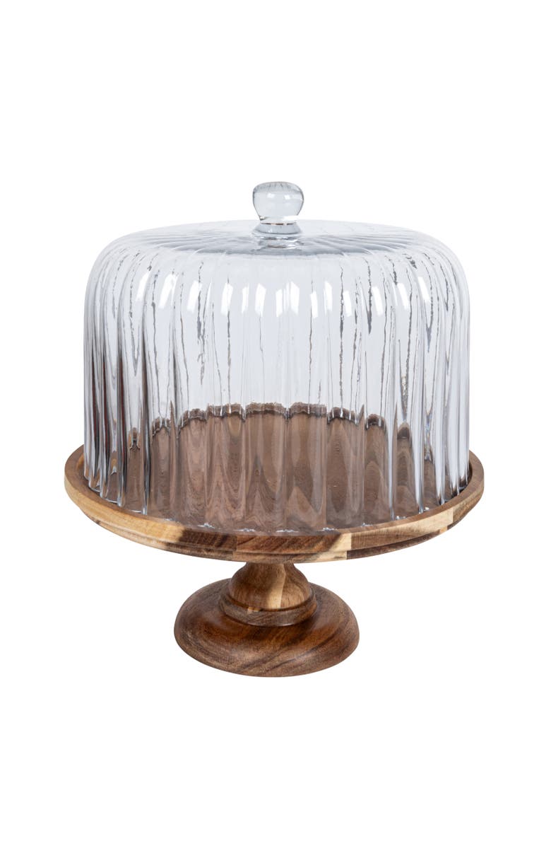 Storied Home 12 Inches Round Acacia Wood Pedestal with Fluted Glass Cloche Set, Natural, Main, color, Natural
