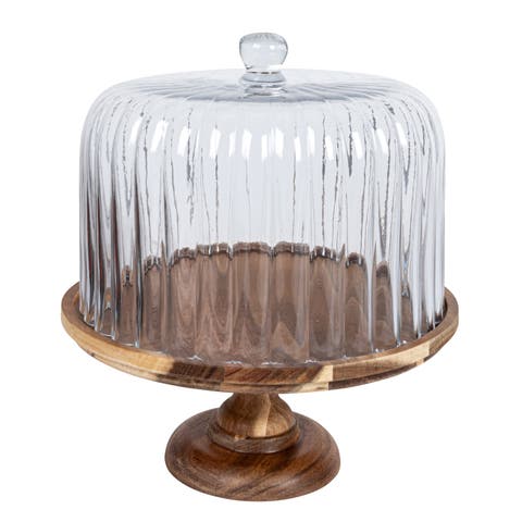 12 Inches Round Acacia Wood Pedestal with Fluted Glass Cloche Set, Natural