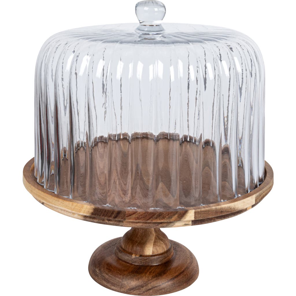Storied Home 12 Inches Round Acacia Wood Pedestal With Fluted Glass Cloche Set, Natural In Brown